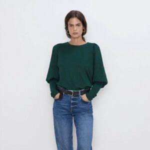 Zara dark hunter green Bishop poof long sleeve ribbed pullover sweater